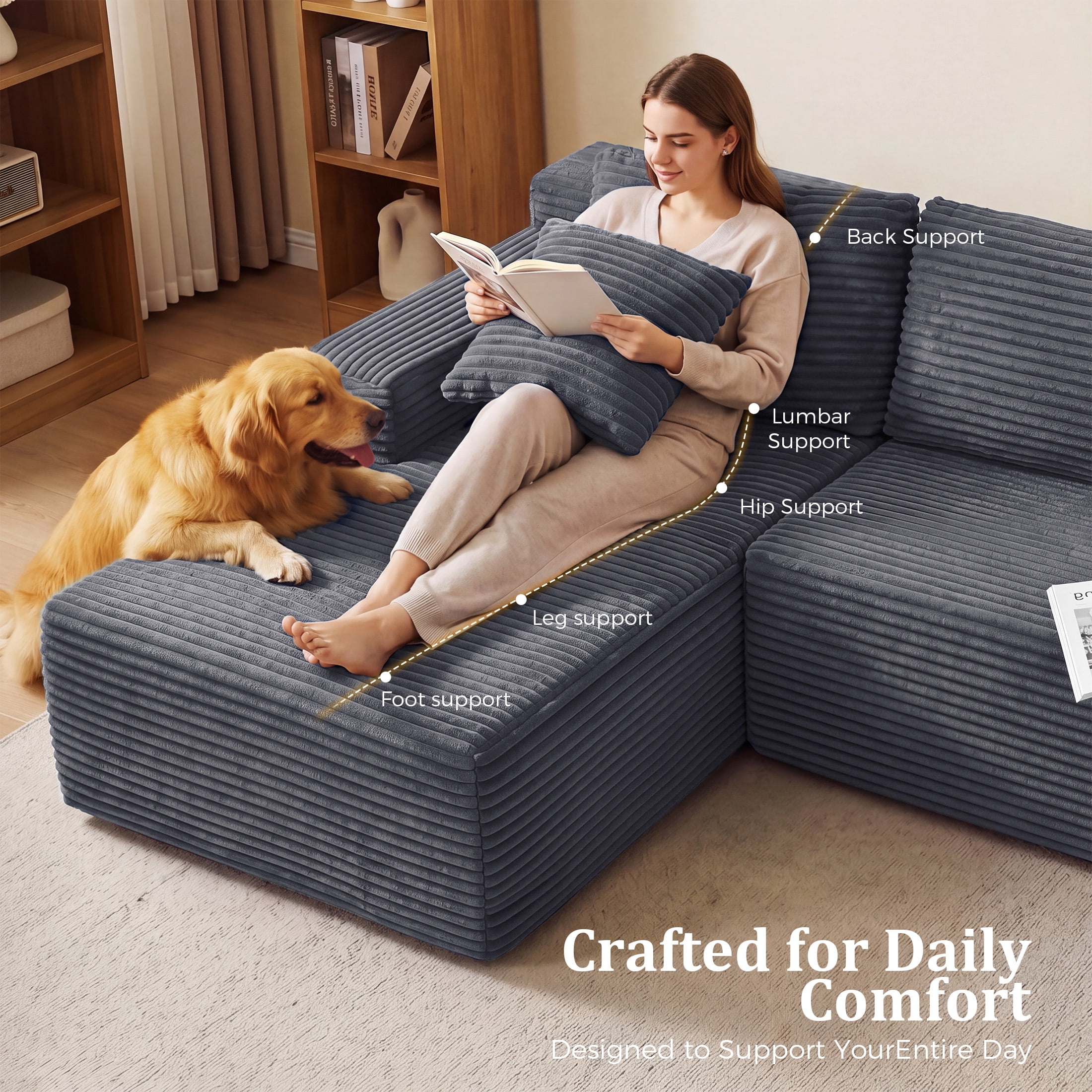 Aenkyo 95 Inch Corduroy L-Shaped Modular Sectional Sofa, Left Chaise, Gray