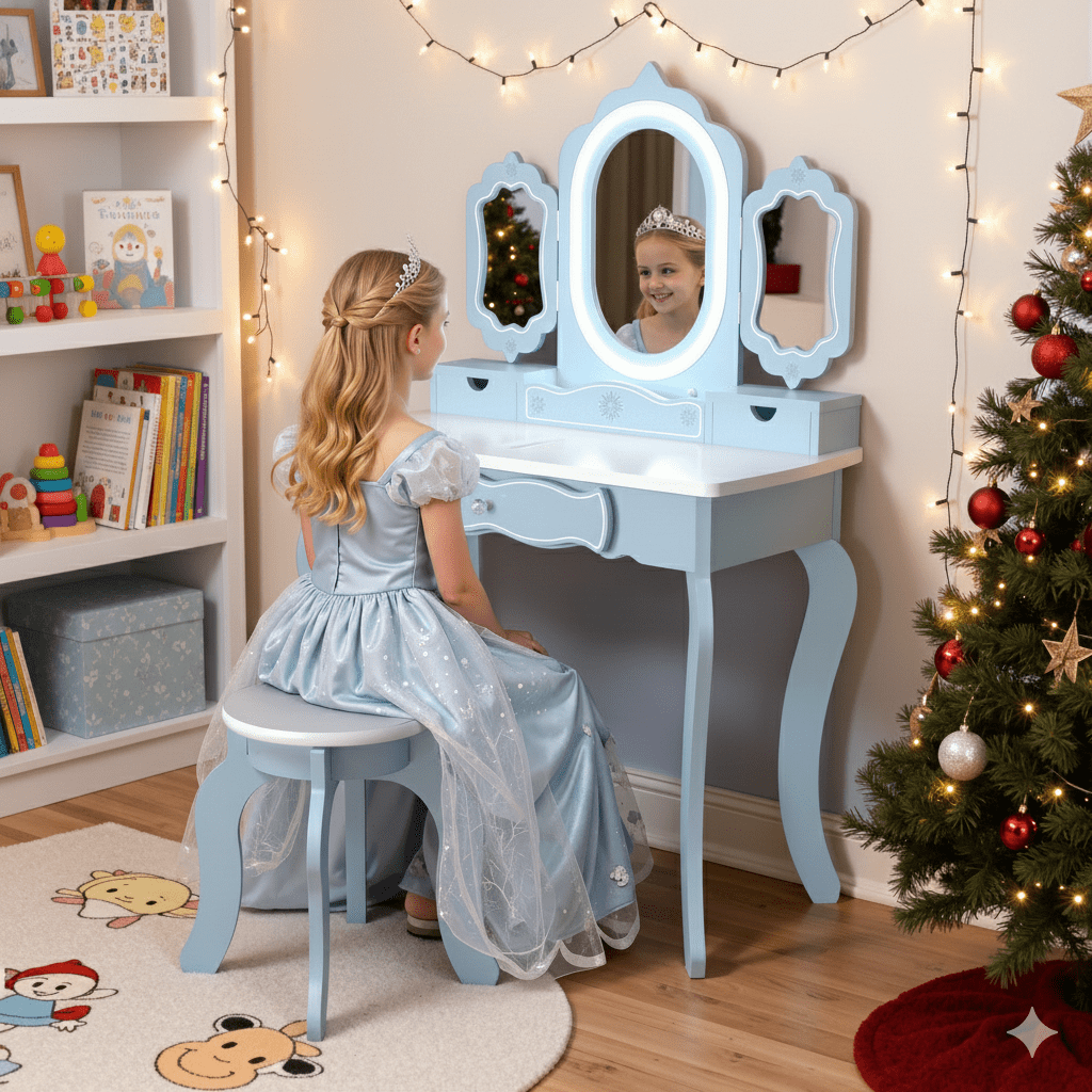 BRINJOY Kids Vanity Set with 2-in-1 Wooden Makeup Table and Stool Table Set, Blue