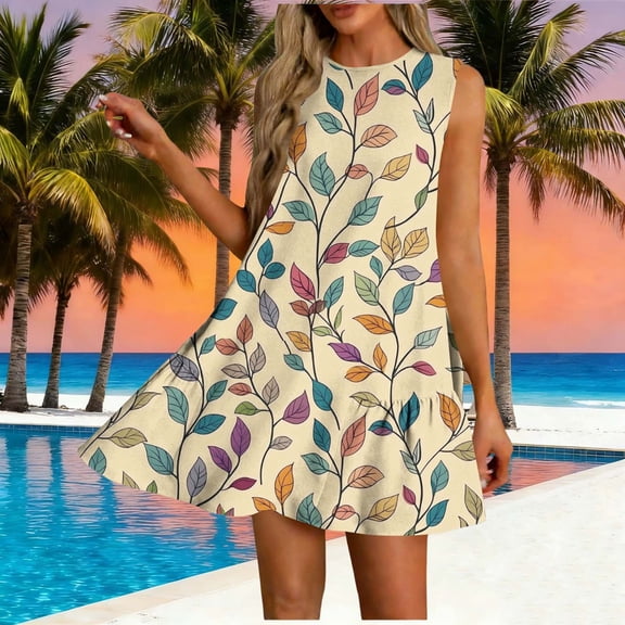 Gamivast Dresses for Women Sleeveless Crew Neck Loose Fit Shift Mini Dress Leaf Floral Print Ruffle Hem Flowy Comfy Casual Beach Vacation Summer Dresses