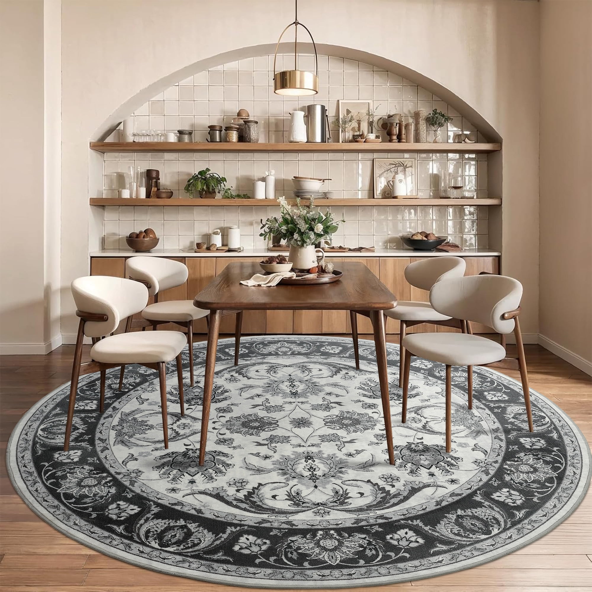 Noahas 4 ft Round Rugs for Living Room Bedroom Rug Circle Area Rug for Dining Room Table Throw Neutral Vintage Circular Rugs Washable Soft Comfortable Black