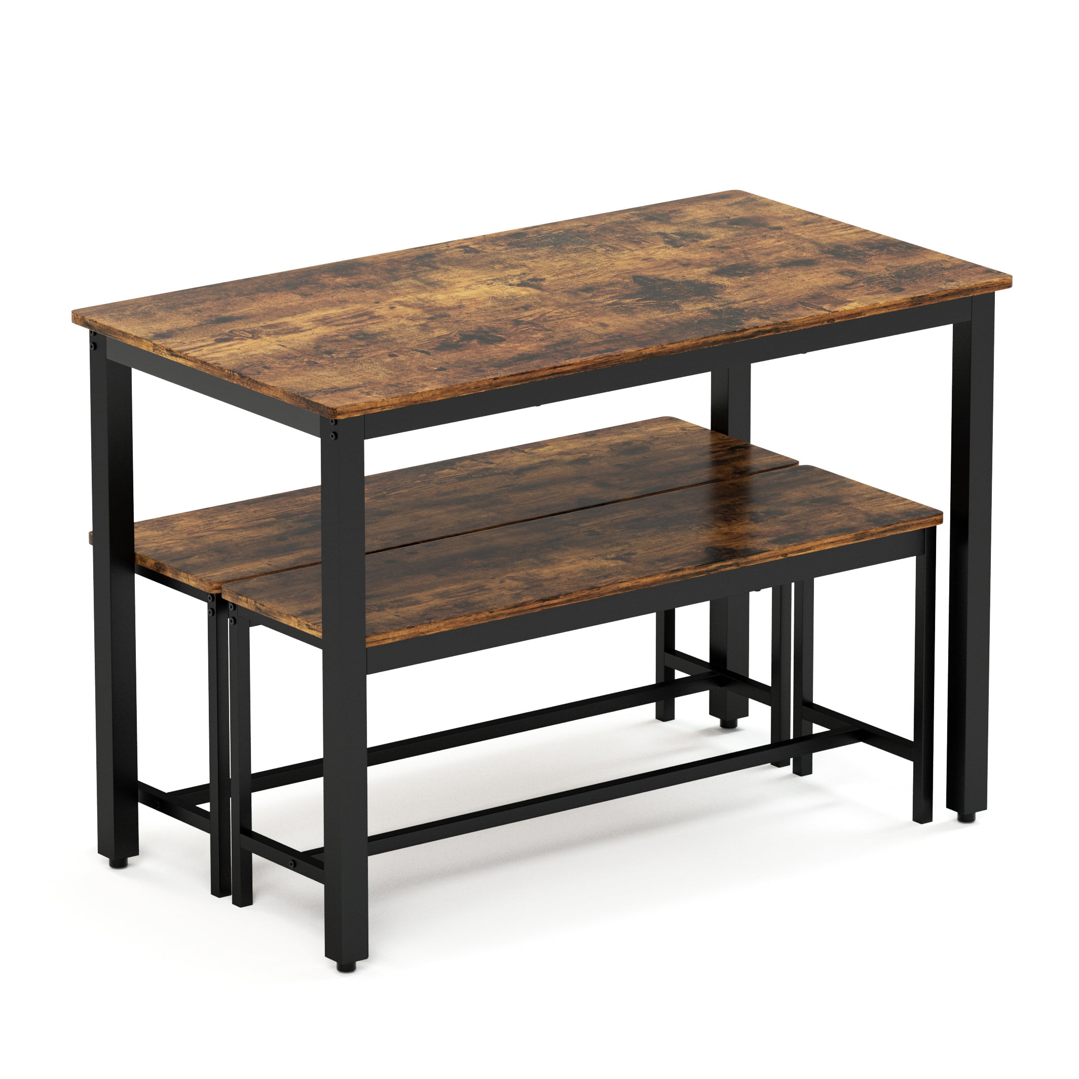 Aukfa 43.3" Dining Table Set for 4, Small Kitchen Table Set with 2 Benches for Living Room Dining Room,Brown