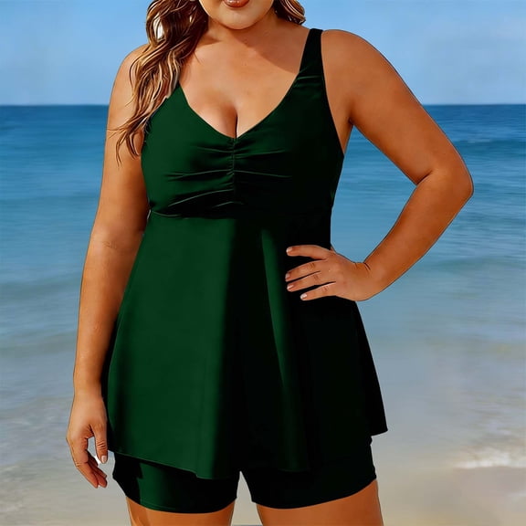 Swimdress for Women Built-in Bra with Boyshorts V Neck Ruched Front Tummy Control Tankini Set 2 Piece Plus Size Modest Bathing Suits