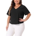 thumbnail image 4 of Agnes Orinda Women's Plus Size Cropped Tops V Neck Short Sleeve Button Down Summer Casual Shirt 1X Black, 4 of 6