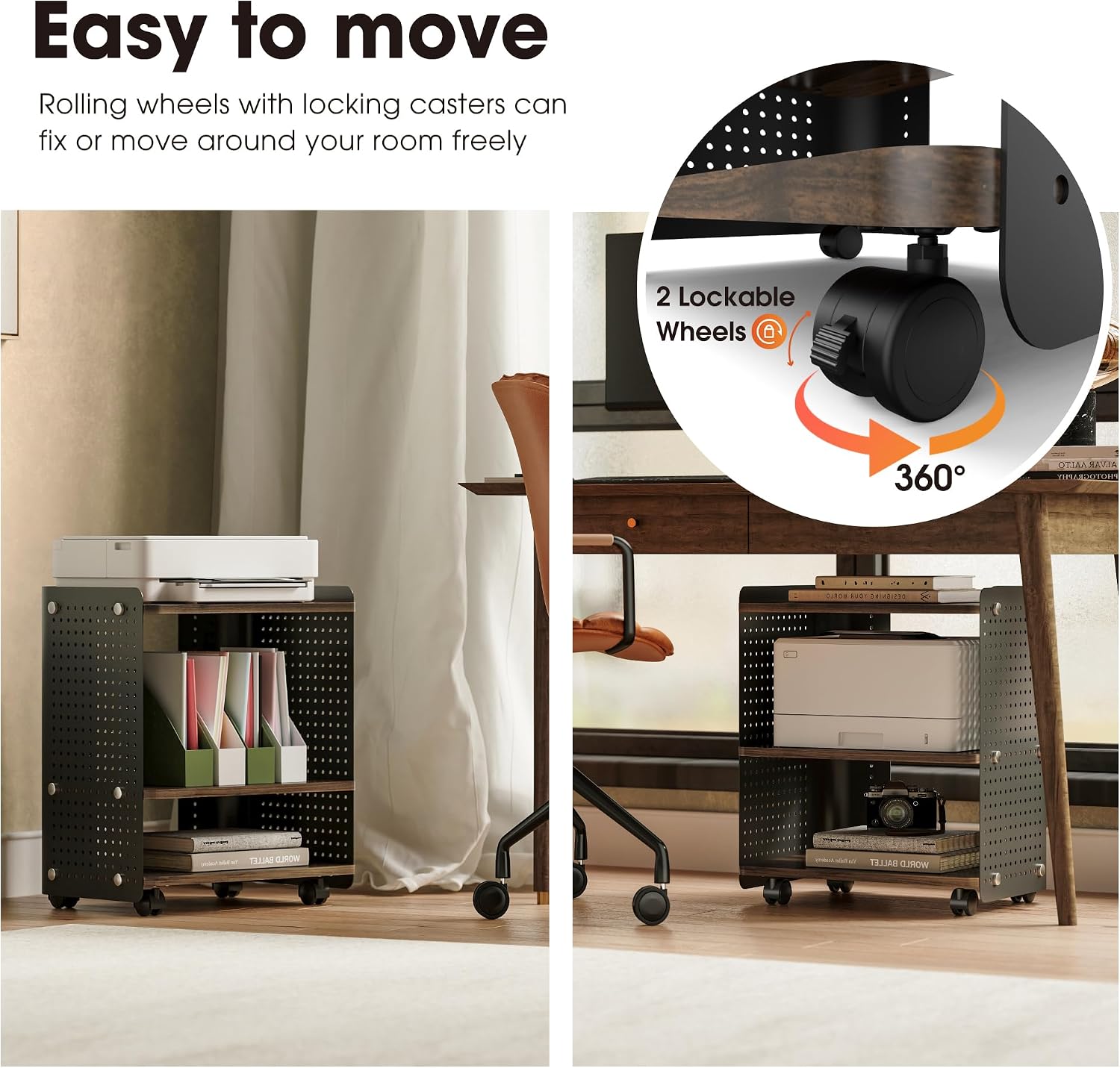 Fenge 3-Tier Rolling Printer Stand with Pegboard Storage, Brown, 17.8 x 13.2 x 21.8 in