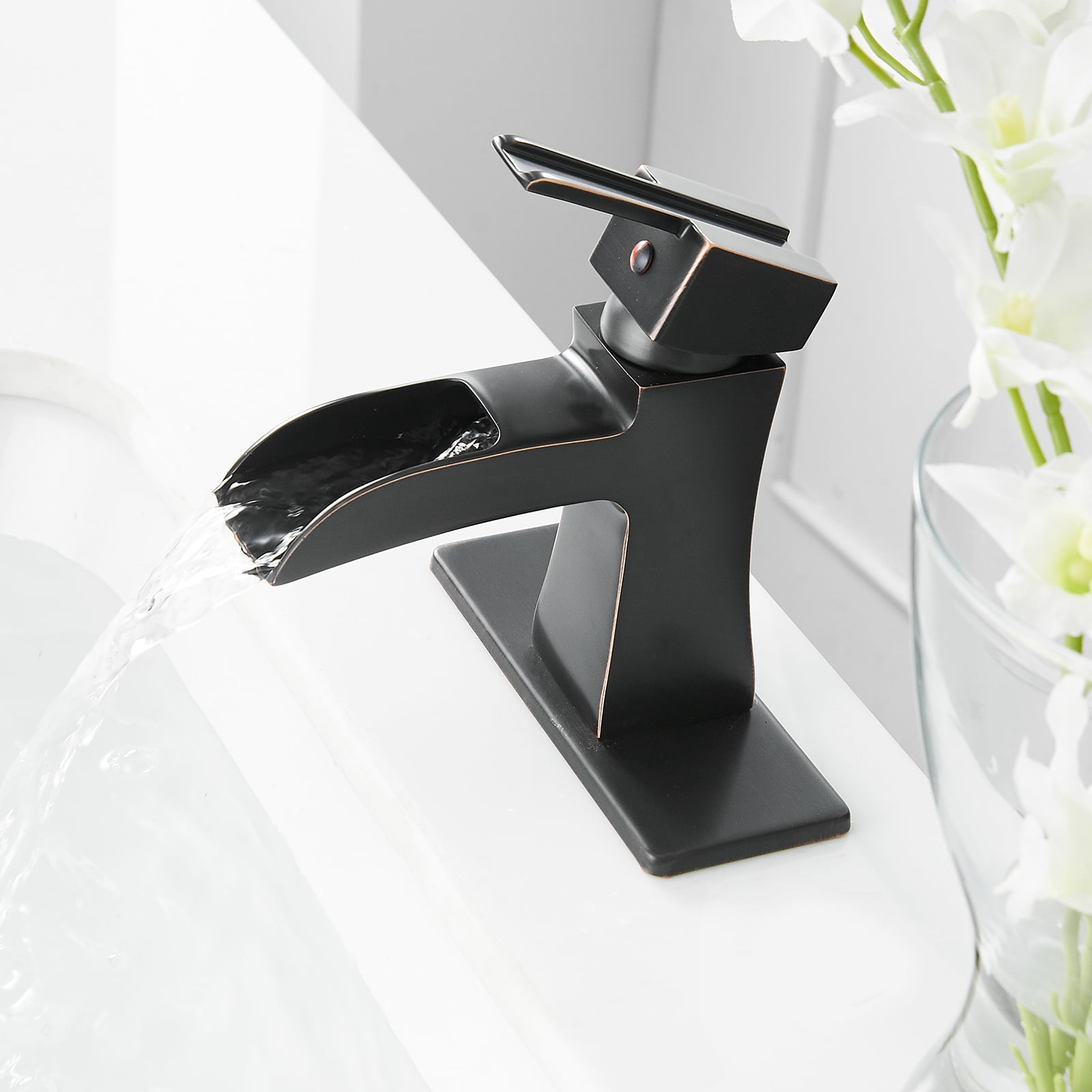 BWE Oil Rubbed Bronze Bathroom Faucet with Pop Up Drain Stopper Overflow Assembly and Supply Hose Bath Waterfall Single Hole Handle Farmhouse Bathroom Sink Faucet Lavatory Mixer Tap