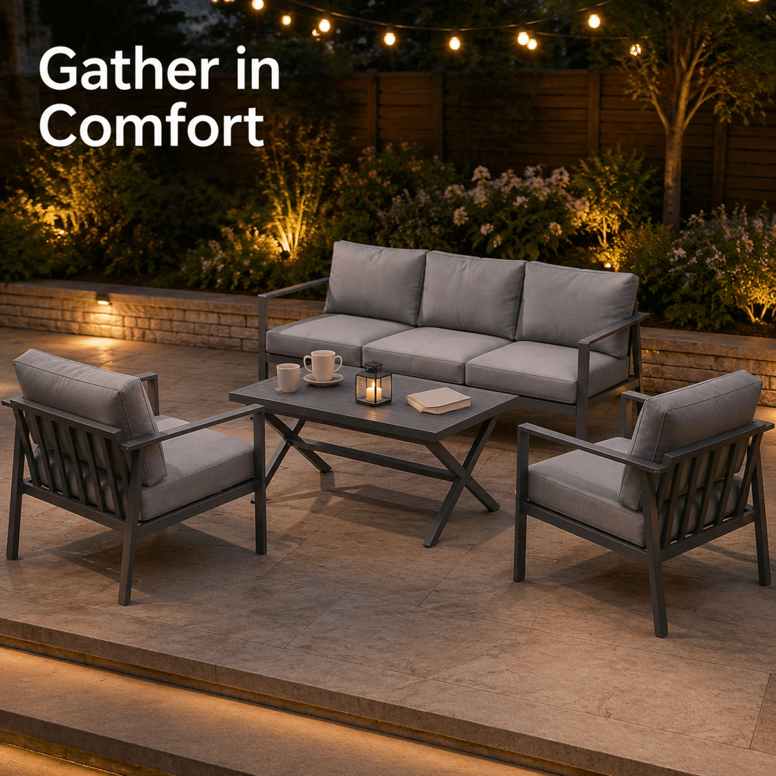 Aluminum Patio Furniture Set with Slim Armrests,5 Seat Modern Outdoor Conversation Set with Cushions and Coffee Table,Metal Patio Sofa Set Gray