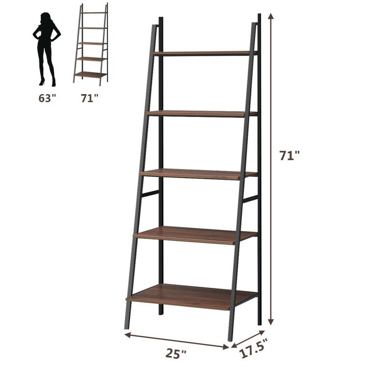 Demi Bonn 5 Tier Leaning Bookshelf, Wood and Metal Bookcase, Free Standing Ladder Shelf, Brown