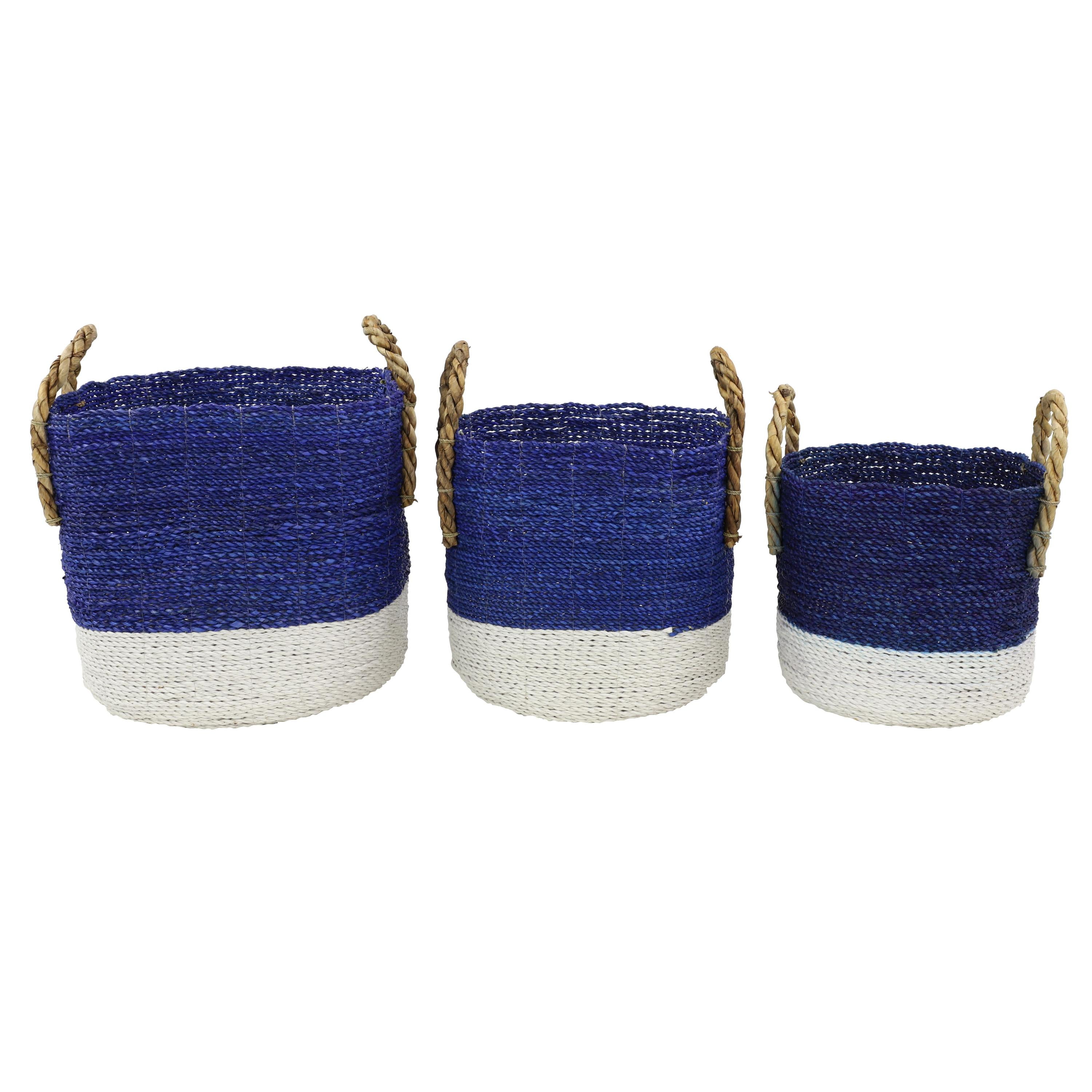 DecMode 17", 15", 13"W Blue Seagrass Handmade Two Toned Storage Basket with Handles, 3-Pieces