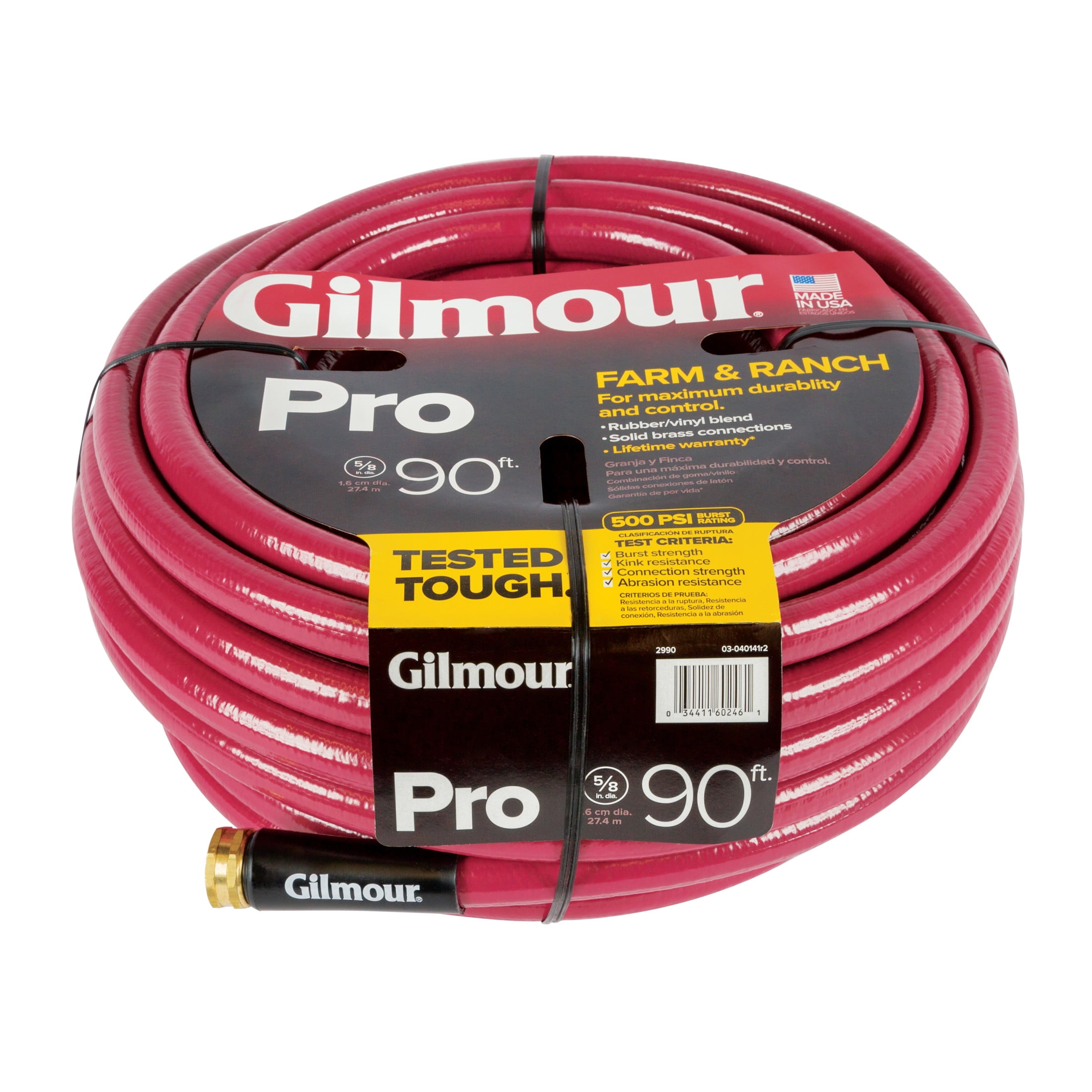 Gilmour Pro Farm & Ranch Water Garden Hose, 5/8" x 90', Heavy-Duty 500 PSI, Kink-Resistant, Made in