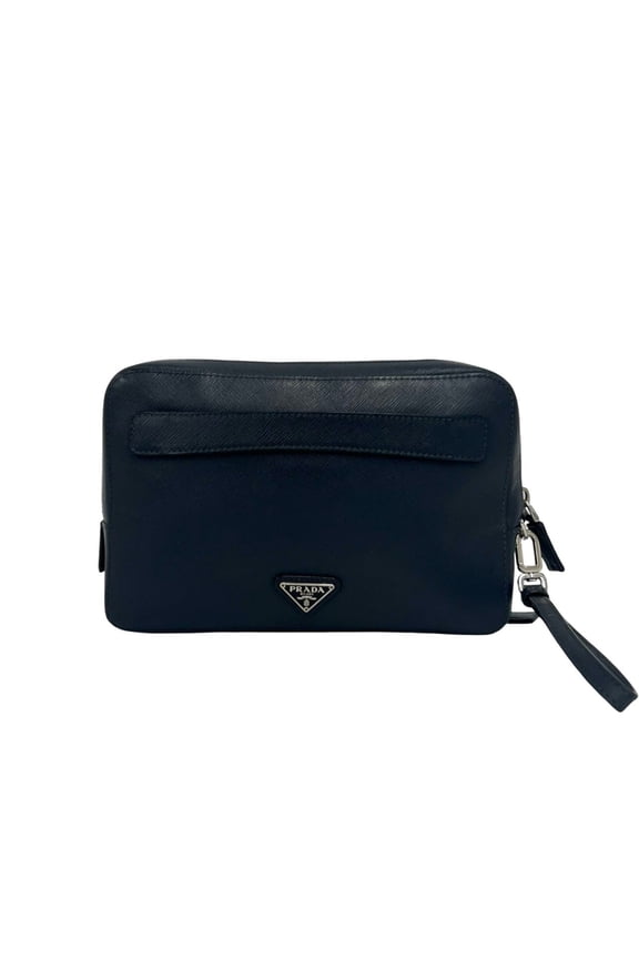 Pre-Owned PRADA Saffiano Leather Clutch Bag/Pouch with Triangle Logo, Navy Blue, 07721
