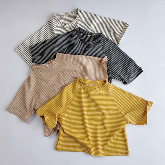 Girls Tshirts Boys Raglan Sleeve Striped Short Sleeve Round Neck Casual Top Girls' Tops Grey 2-3 Years