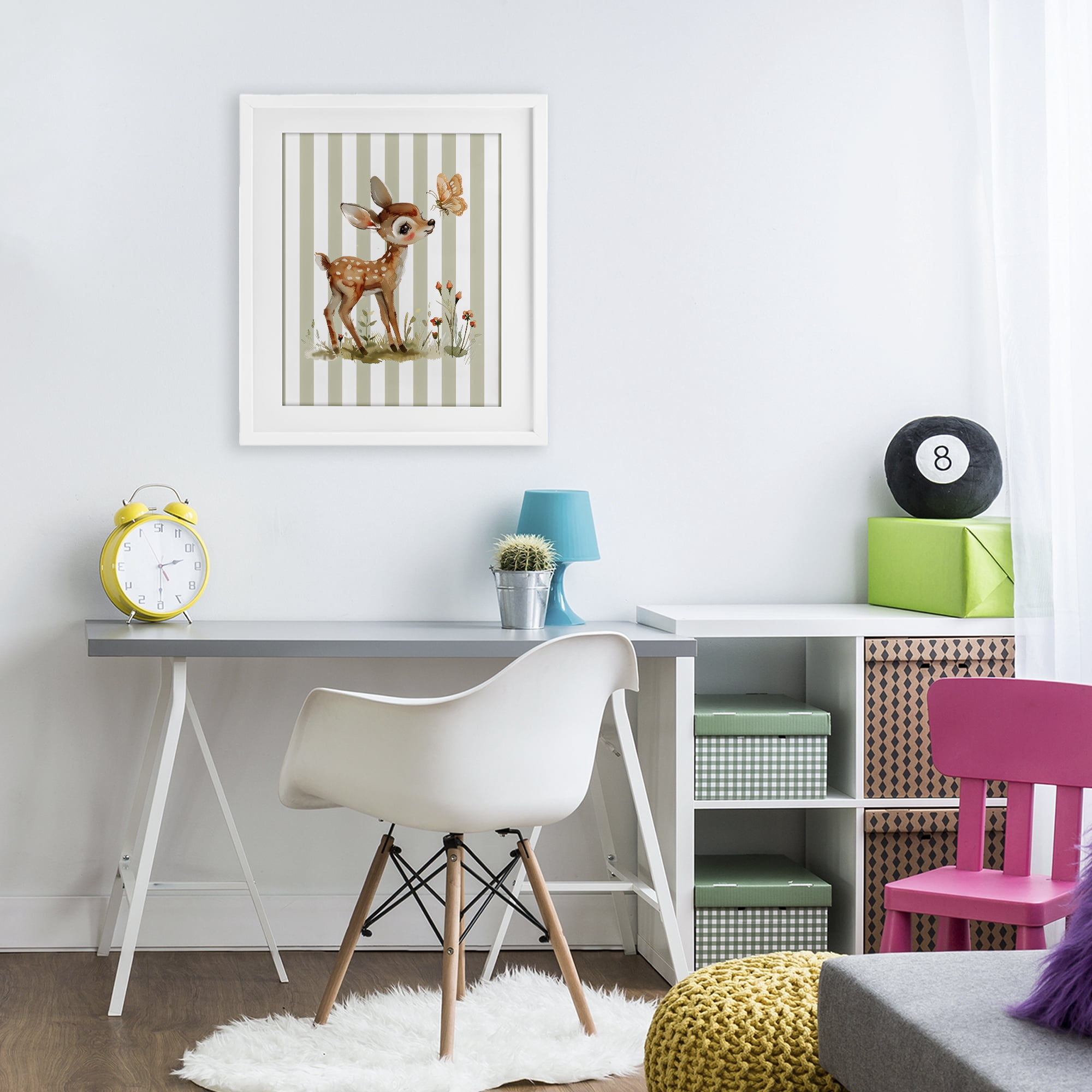 Stupell Industries Baby Deer with Butterfly White Framed Print Under Glass, design by LSR Design Studio