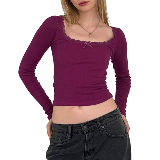 Camiseta Pivanzore para mujer, manga larga, cuello cuadrado, corte ajustado