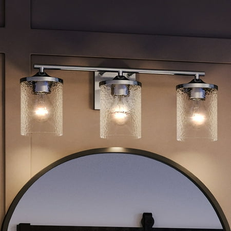 

Luxury Modern Farmhouse Indoor Bath Fixture 7.75 H x 21.00 W with Transitional Style Elements Modern Design Polished Chrome Finish and Clear Hammered Glass UQL3816