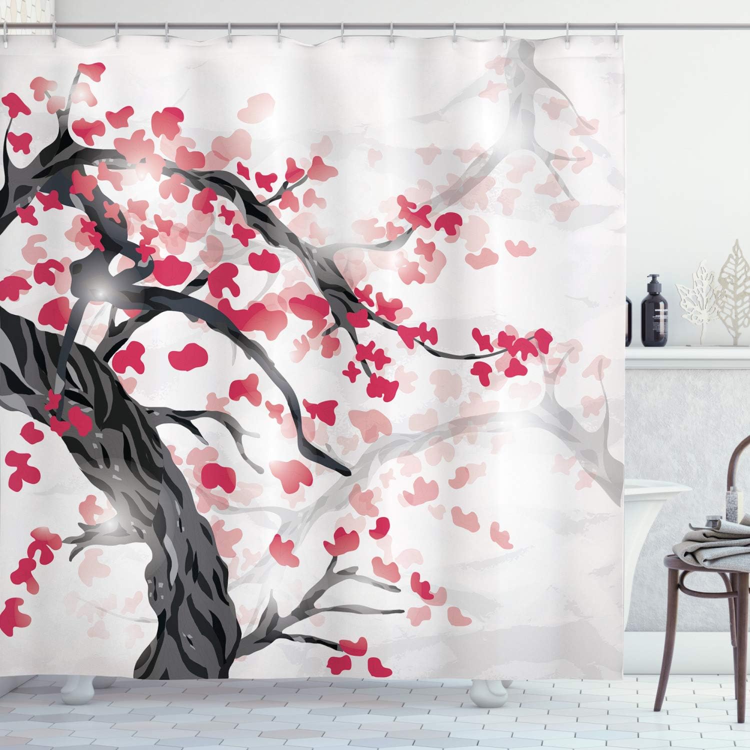 JOOCAR Japanese Shower Curtain, Sakura Tree Cherry Blossoms in Japanese