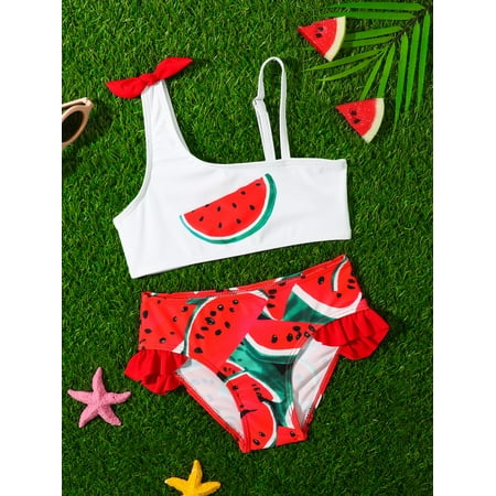 

Toddler Girls Watermelon Print Bow Asymmetrical Neck Ruffle Trim Bikini Swimsuit Swimwear S221904X Red and White 5Y(43IN)