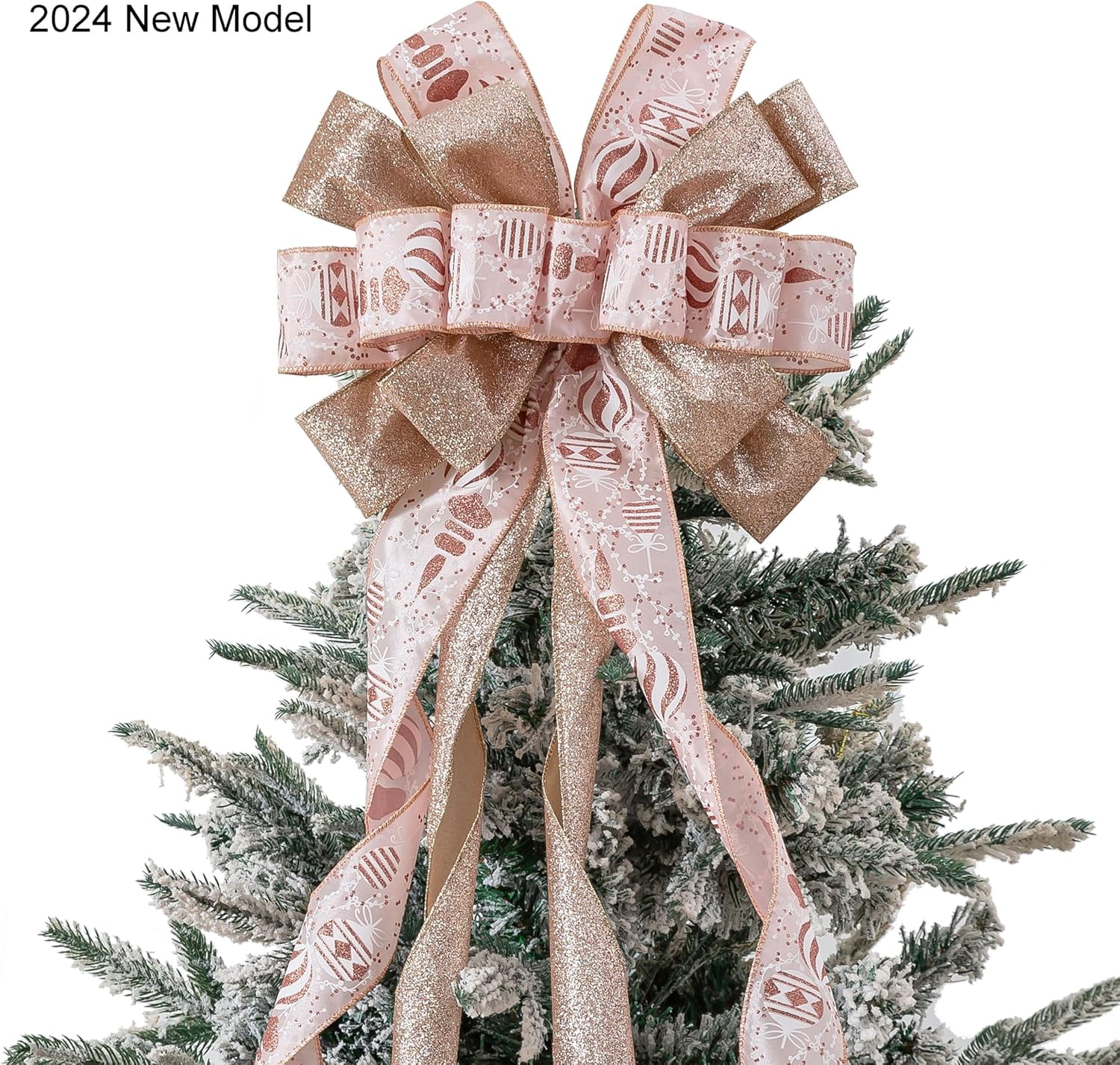 Christmas Tree Topper, 40x13 Inches Toppers Bow with Glitter Satin Mesh Streamer and Patterned Ribbon, Christmas Tree Topper Bow for Christmas Home Decoration (White Golden)
