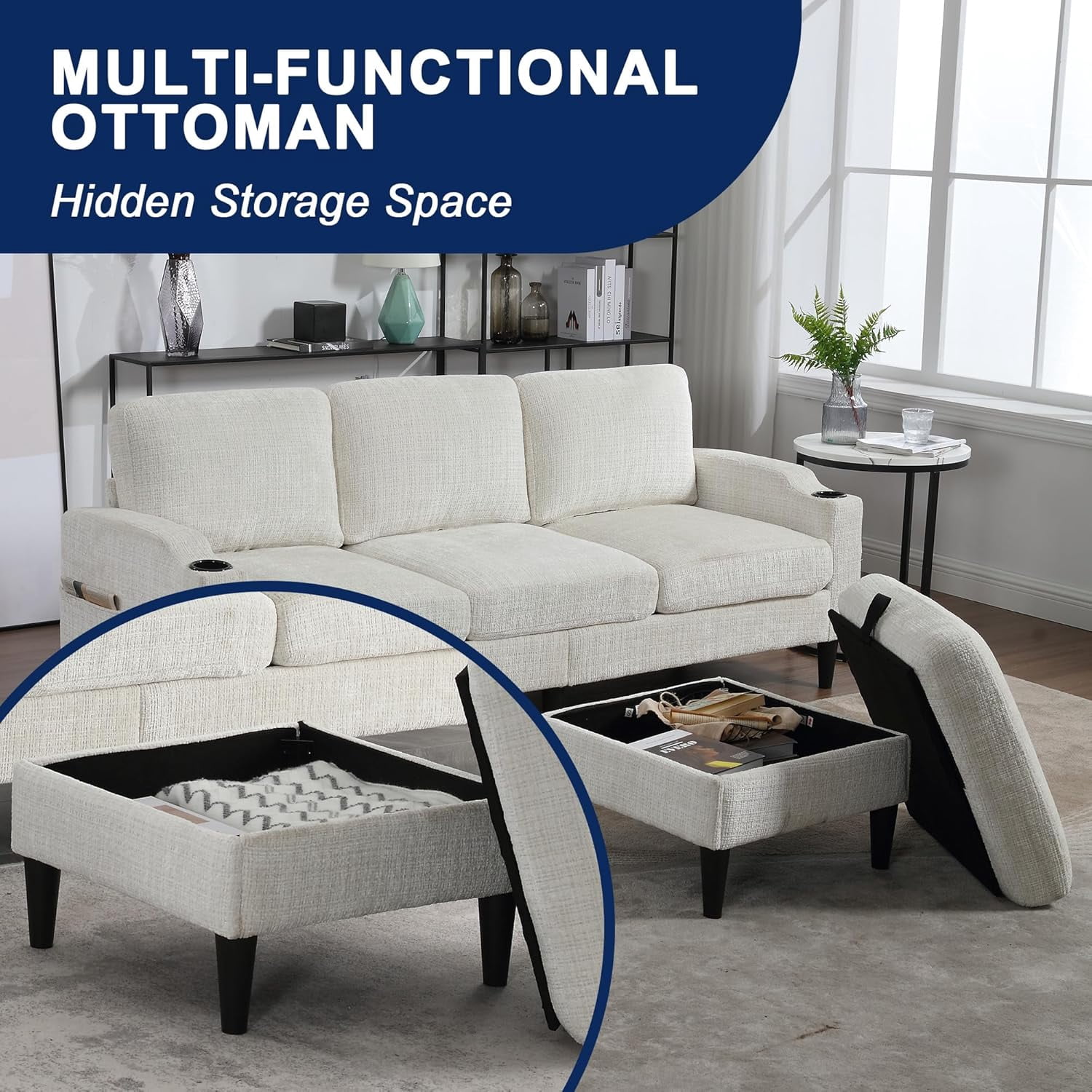 MOONMISS sofa 77.36" 3-seat, L -Shaped Sofa with Movable Ottoman for Living Room,Beige