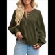 thumbnail image 1 of Suéter de Cuello Redondo con Botones para Mujer, Camisetas Henley de Larga de Otoño, Tops de Punto Holgados A Verde M, 1 of 8