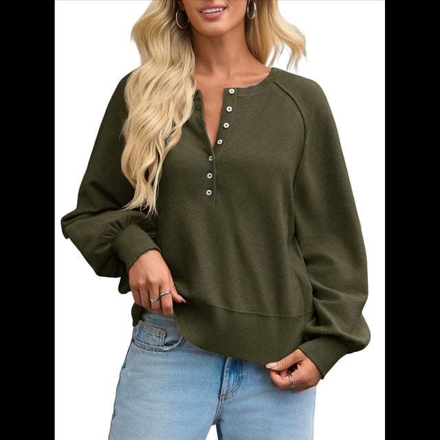 Suéter de Cuello Redondo con Botones para Mujer, Camisetas Henley de Larga de Otoño, Tops de Punto Holgados A Verde XL