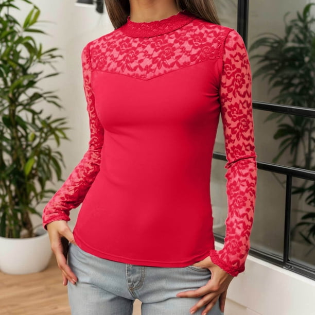 MHFRRA Camiseta de Manga Larga de Color, Informal, de Moda, Básica, con Cuello Redondo, para Uso Diario Rojo