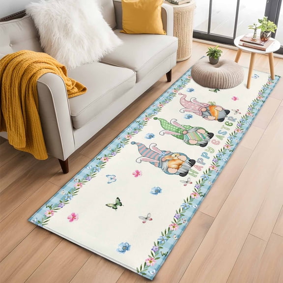 Happy Easter 2'x6' Runner Rugs for Hallway Kitchen Bedside Non Slip Washable, Spring Gnomes Rabbit Eggs Floral Lattice Entryway Rug Runners with Rubber Backing, Long Carpet Runner for Laundry Room