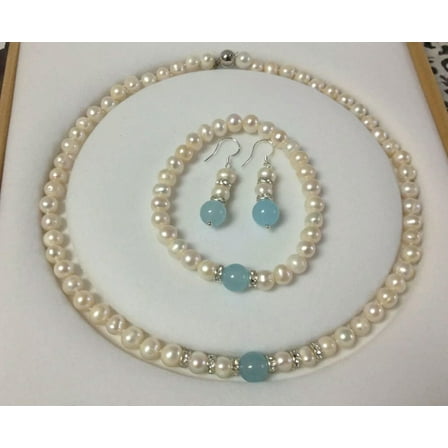 K-KED Real White Cultured 7-8 mm Pearl Aquamarine Necklace Bracelet Earrings Set