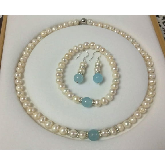 K-KED Real White Cultured 7-8 mm Pearl Aquamarine Necklace Bracelet Earrings Set
