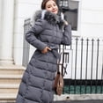 thumbnail image 1 of Chaqueta larga de algodón con cordones para mujer, chaqueta de algodón con cuello de piel grande, gruesa y cálida, con capucha, de color liso, por encima de la rodilla, 1 of 6