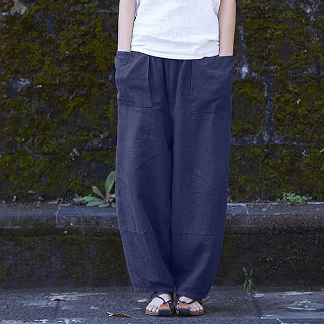 Pantalons pour Femmes Coupe Décontractée - Mode Femmes Décontracté Coton Lin Poche Pantalon Ample Bleu Foncé TG