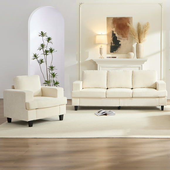 Puremind 2 Piece Sofa Set for Living Room, Sofa and Armchair Living Room Furniture Sets, Chenille Upholstered Sofa Couch for Apartment, Beige