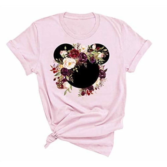 Womens Mickey Flower Shirt, Floral Burgundy Wreath T-Shirt Adult Women Ladies Boho Character Shirt (Pink, 3X Large)