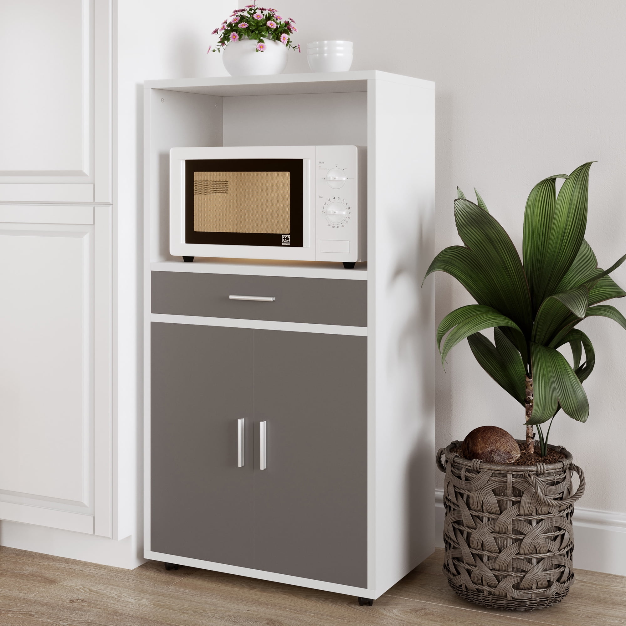 Lavish Home 47-Inch Rolling Microwave Stand with Storage, Kitchen Cart with Drawer and Adjustable Shelf, White and Gray