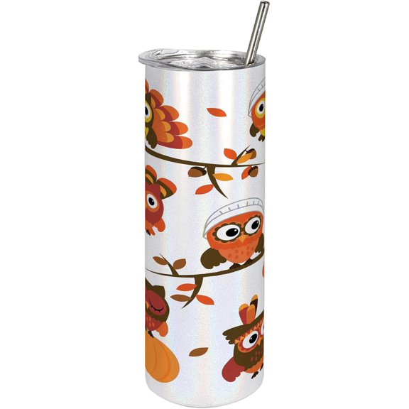 Thanksgiving 20 Oz Skinny Tumbler, Various Owl Cartoon Style Fall Autumn Branch Pilgrim''s Hat, Leak-Proof Straw Lid and Brush Vacuum Insulated for Outdoor Use, Brown Orange