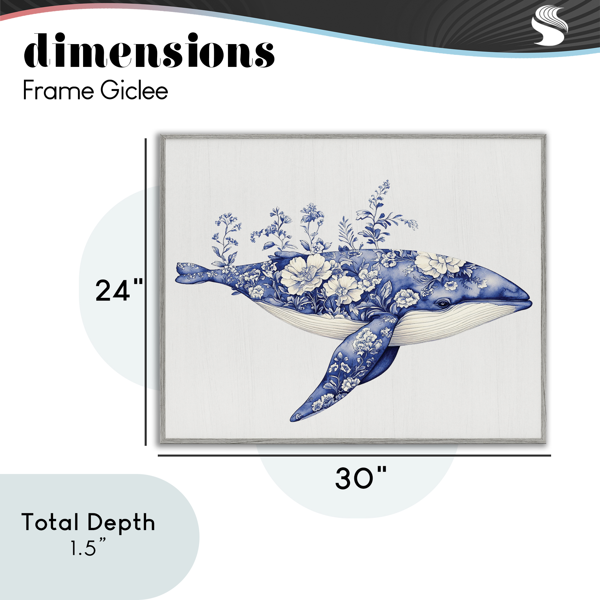 Blooming Toile Whale Gray Framed Giclee Art, design by Lettered and Lined