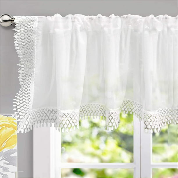 Sheer Window Valance Curtain Panel, White Crochet Kitchen Curtains