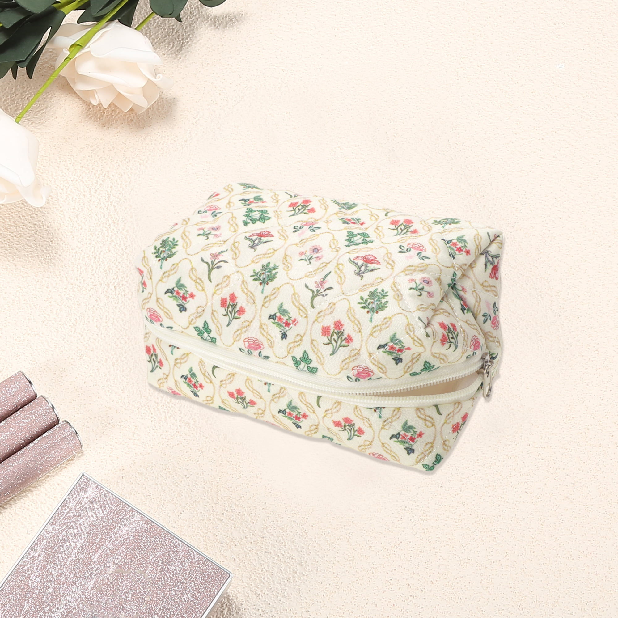 Unique Bargains Quilted Square Flower Makeup Bags Pink Green for Daily Use
