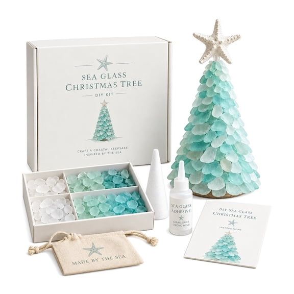 DIY Sea Glass Christmas Tree Kit,Coastal Christmas Decor Tabletop Mini Christmas Tree,Christmas Craft Kit for Family,Handmade Xmas Decoration,Green C