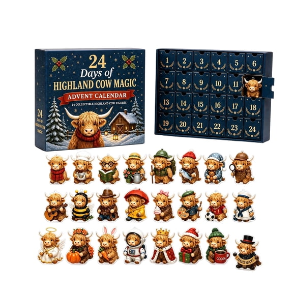 24 Days of Highland Cow Magic Advent Calendar, 24 Cute Collectible Cow Mini Figures, Farmhouse Holiday Decor, Christmas Countdown Calendar Gift Set for Cow Lovers