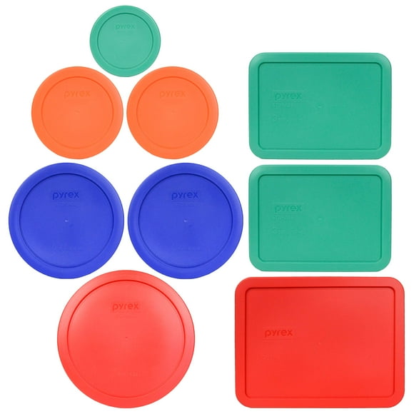 Pyrex (1) 7402-PC 6/7 Red, (2) 7201-PC 4 Cadet Blue, (2) 7200-PC 2 Orange, (1) 7202-PC 1 Green, (2) 7210-PC 3 Light Green, & (1) 7211-PC 6 Red Plastic Lid, Made in USA