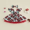 thumbnail image 4 of Plaid Square Neck Fly Sleeve Layered Dress with Belt+ Bowknot Headband, 4 of 9