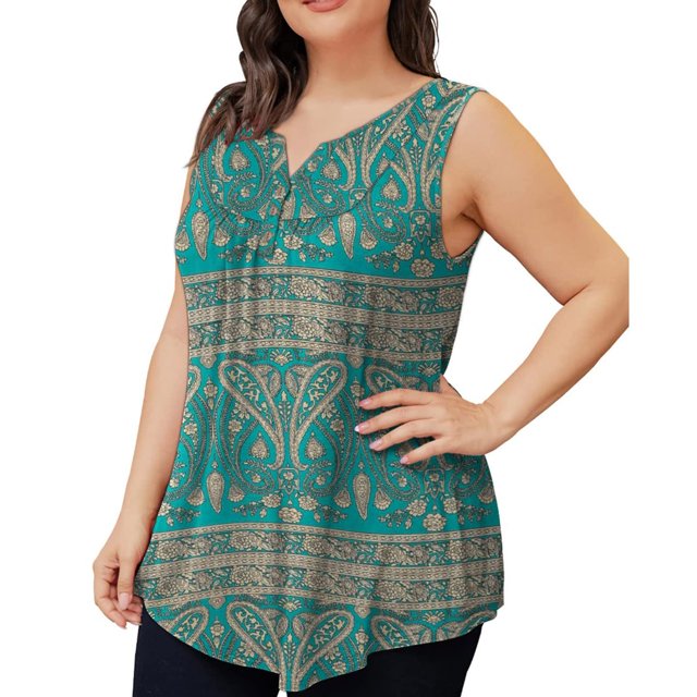 Plus Size Womens Tank Summer Printed Sleeveless Flared Trendy Casual Blouse Button Tunic Shirt Tops