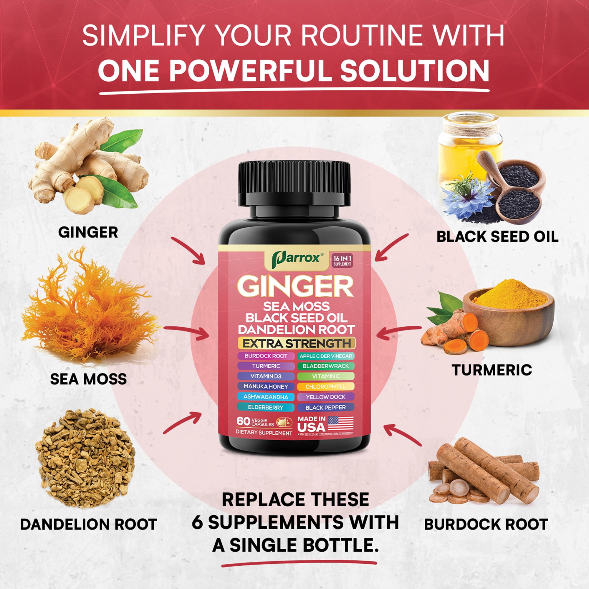 Ginger Black Seed Oil Ashwagandha Turmeric Bladderwrack Burdock Sea Moss Vitamin C Vitamin D3 Elderberry Manuka Honey Dandelion Yellow Dock Chlorophyll ACV Apple Cider Vinegar – 60 Capsules