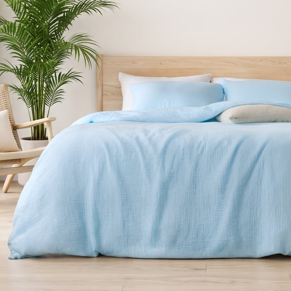 TechForma 100% Cotton Duvet Cover Set, Blue Double Layer Gauze Bed Set,3 pcs Breathable & Crisp Soft Duvet Cover Set,Queen
