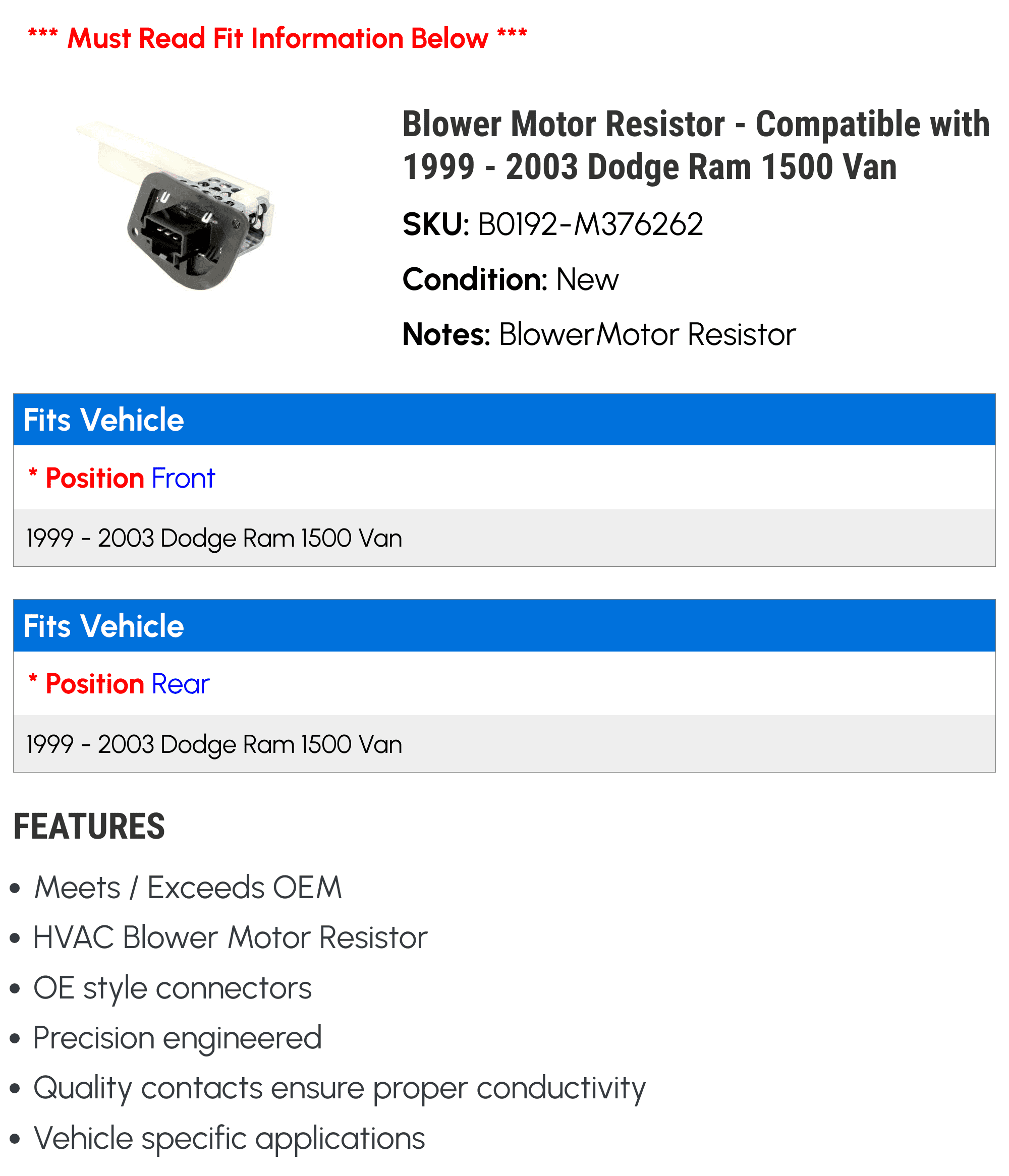 Blower Motor Resistor - Compatible with 1999 - 2003 Dodge Ram 1500 Van 2000 2001 2002