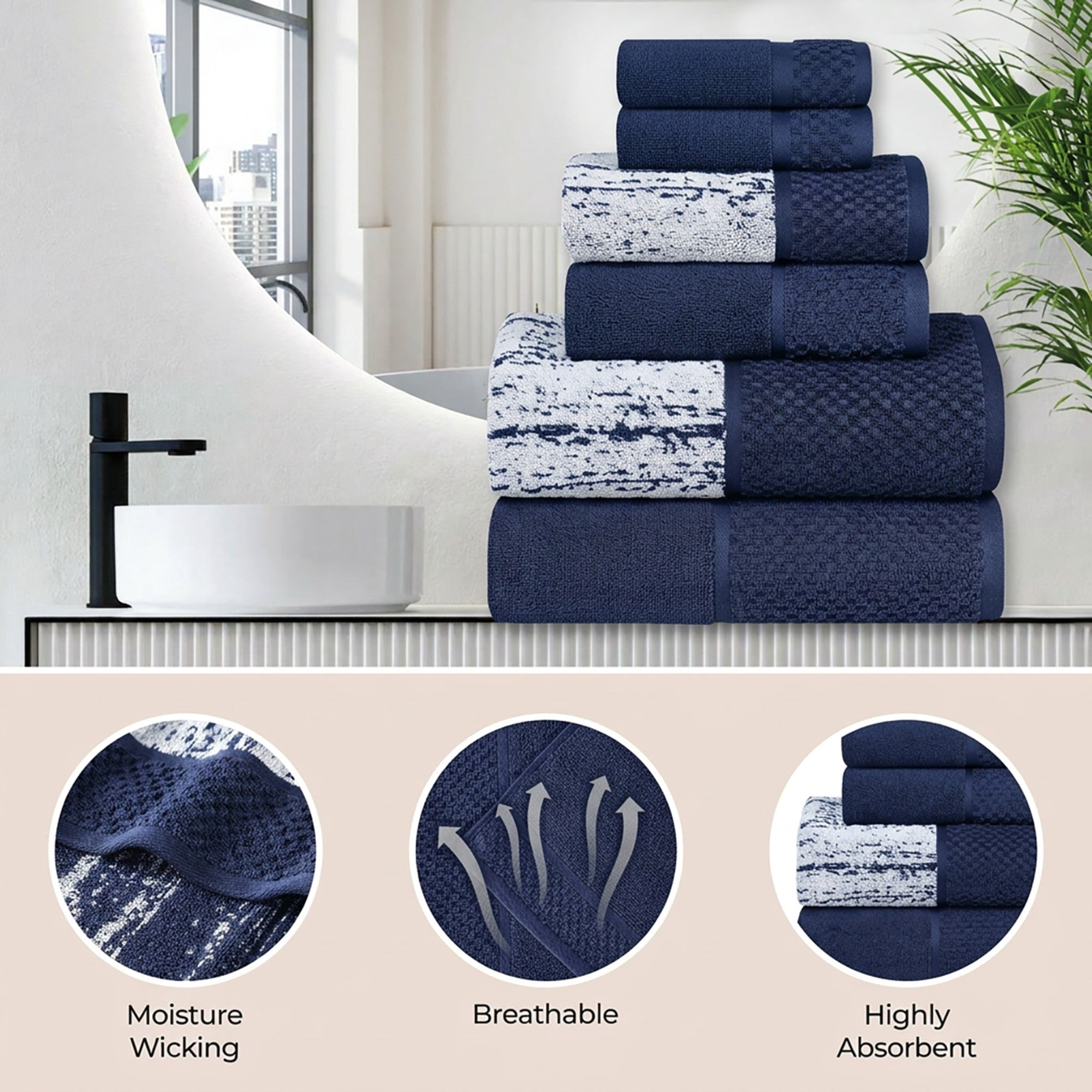 Superior Modern Cotton 3 Piece Bathroom Towel Set Medium Weight Solid, Navy Blue
