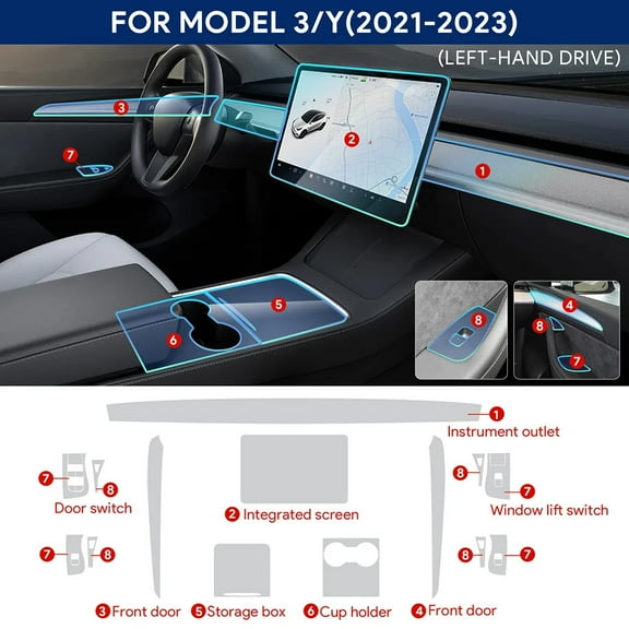 TPU Interior Transparent Protective Film for Tesla Model 3/y 2021 2022 2023 Center Console Anti-Scratch 14 PCS Car Accessories.
