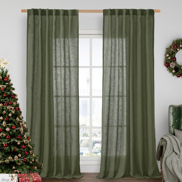 Cortinas LAMIT de lino verde oliva, 240 x 240 cm, filtro de luz, 2 unidades