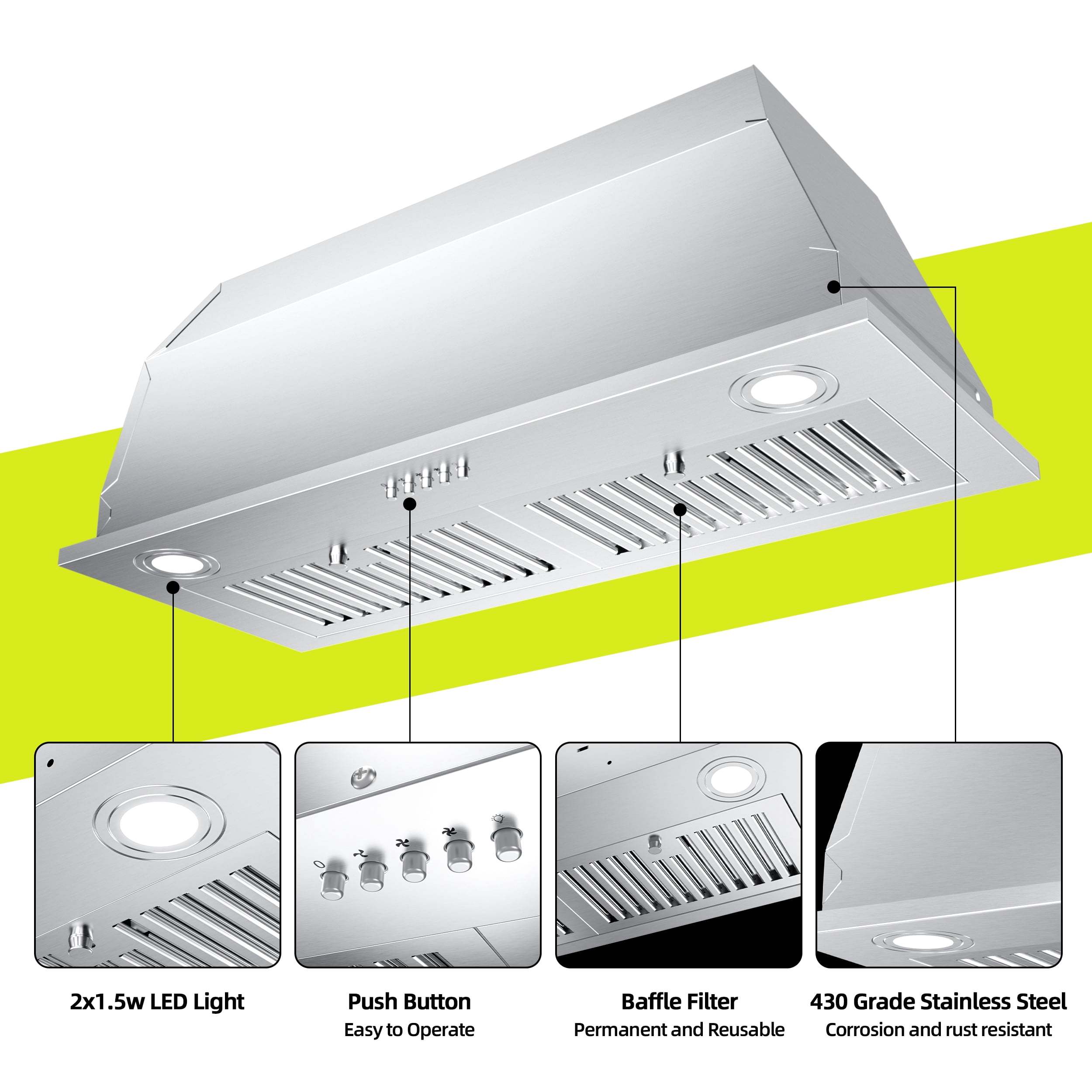 FIREGAS Range Hood 30 inch, Built-in Kitchen Hood with 3 Speed Exhaust Fan, Ducted/Ductless Range Hood, Stainless Steel Range Hoods with Light