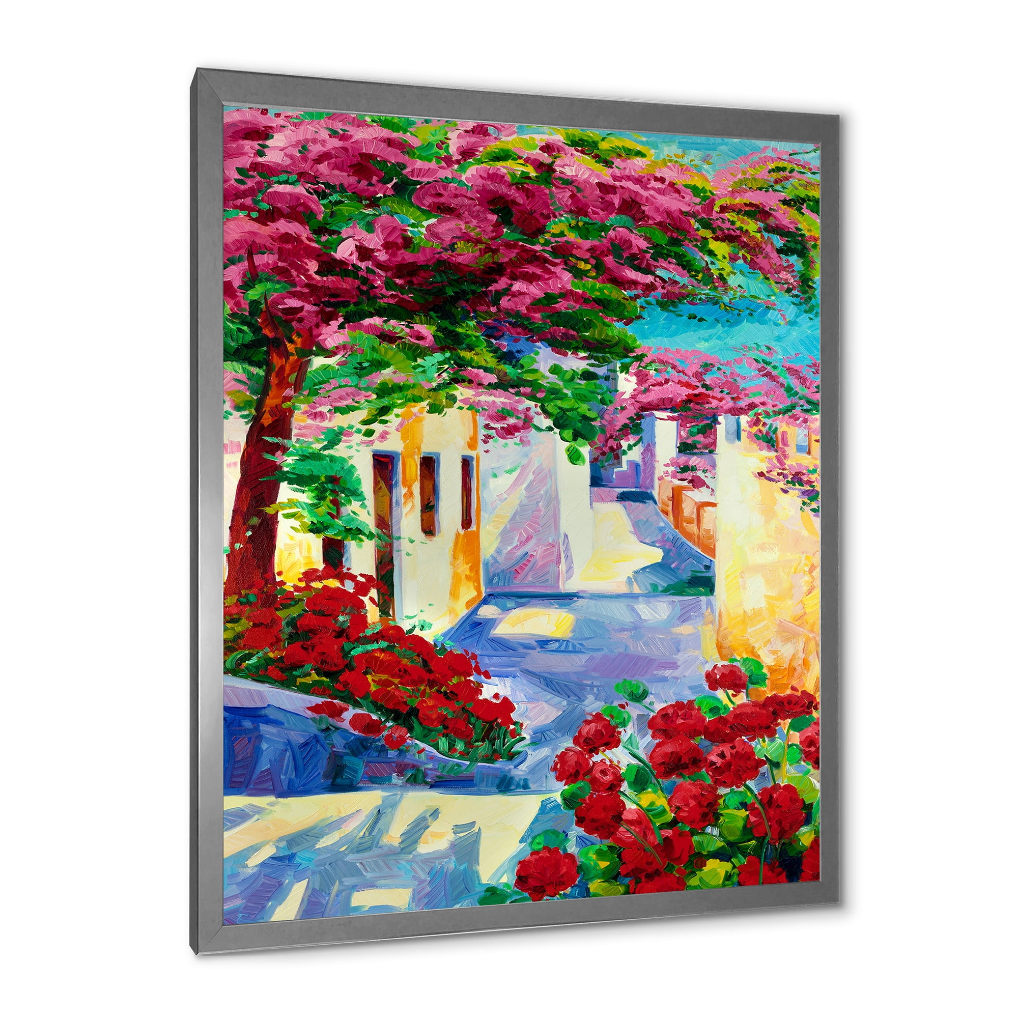 Designart 'Colorful Traditional Santorini Houses Among Flowers' Nautical & Coastal Framed Art Print